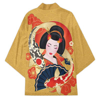Japanese Geisha Koi Fish Kimono Cherry Blossoms Yellow Seigaiha Pattern - Polynesian Pride