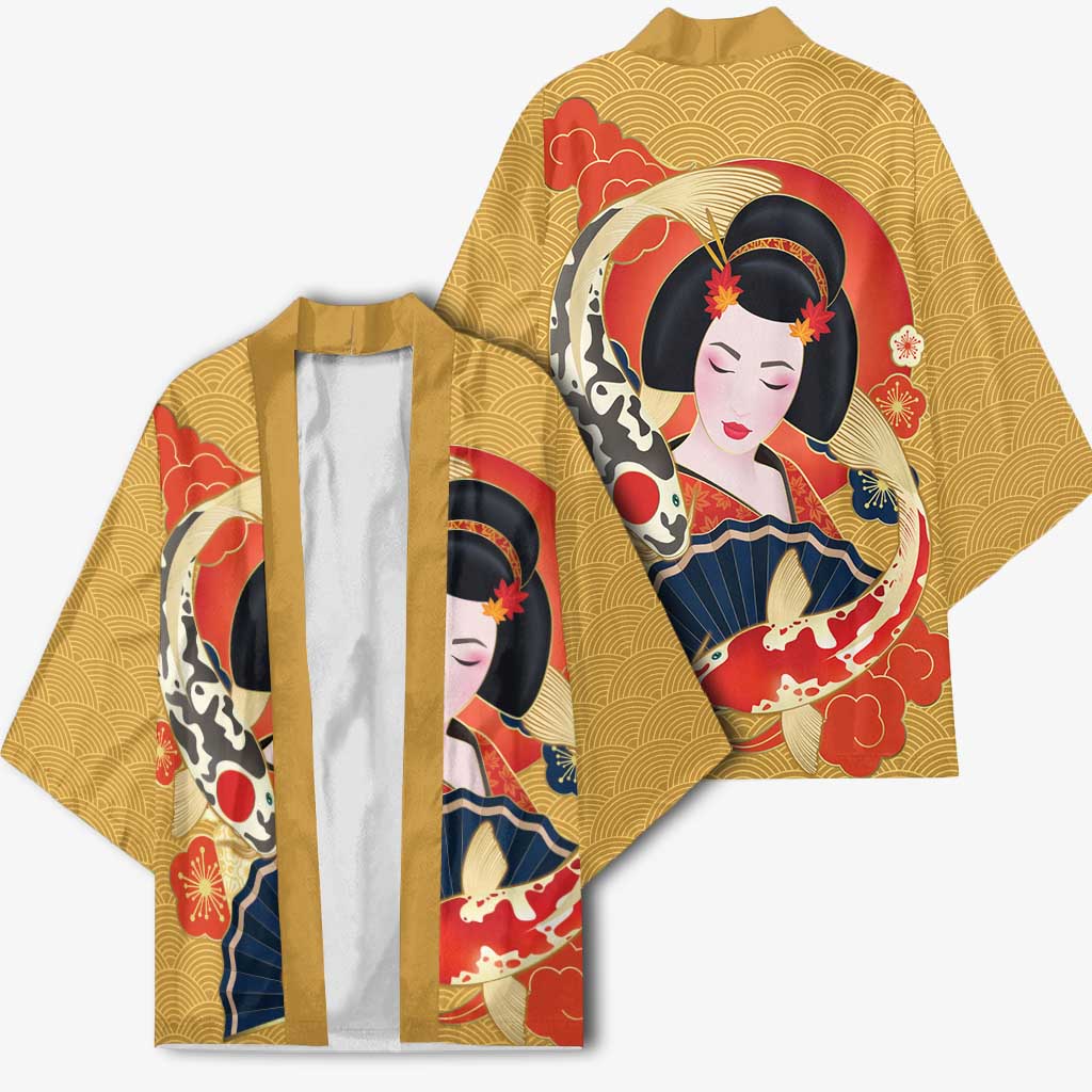 Japanese Geisha Koi Fish Kimono Cherry Blossoms Yellow Seigaiha Pattern - Polynesian Pride