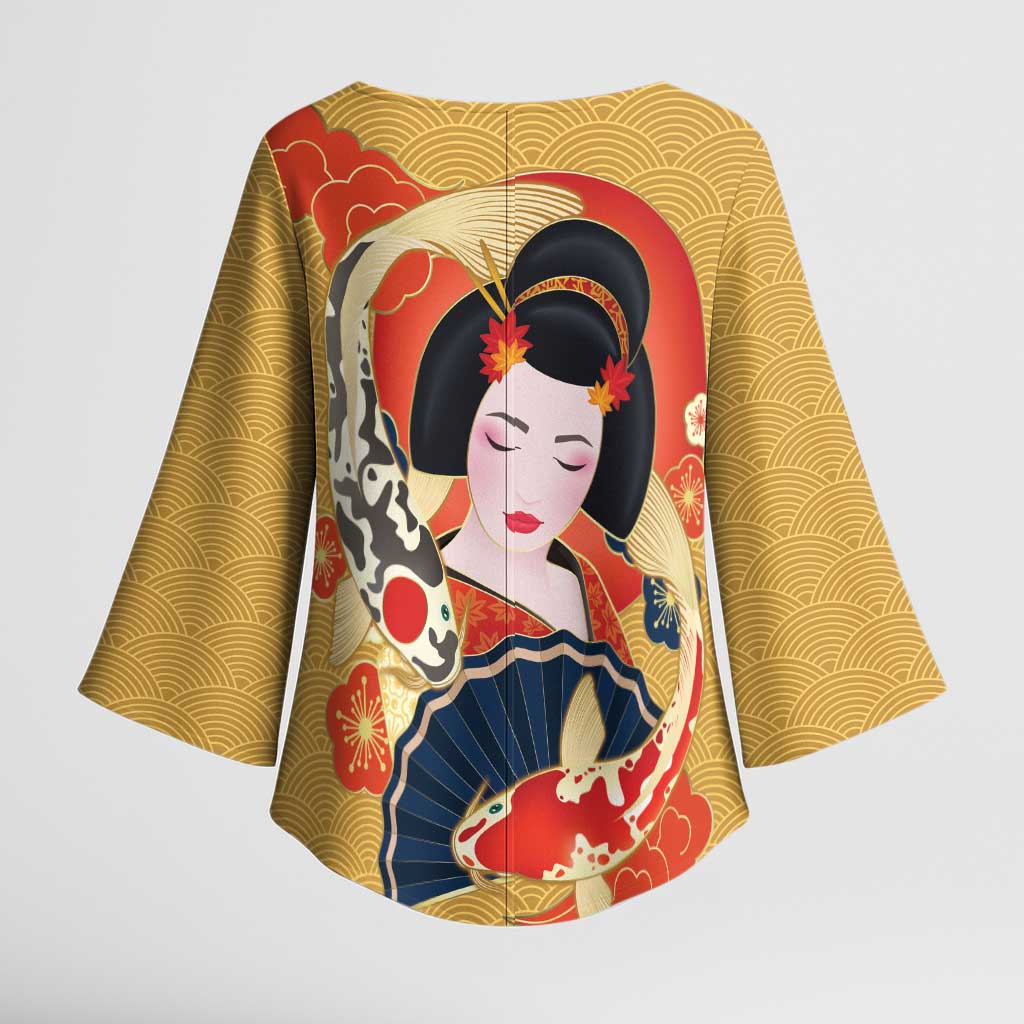 Japanese Geisha Koi Fish Kimono Sleeve Blouse Cherry Blossoms Yellow Seigaiha Pattern - Polynesian Pride
