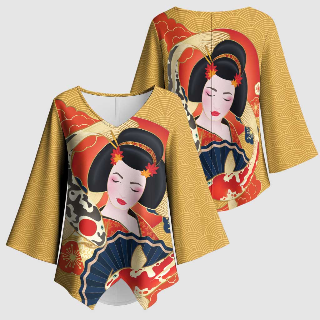 Japanese Geisha Koi Fish Kimono Sleeve Blouse Cherry Blossoms Yellow Seigaiha Pattern - Polynesian Pride