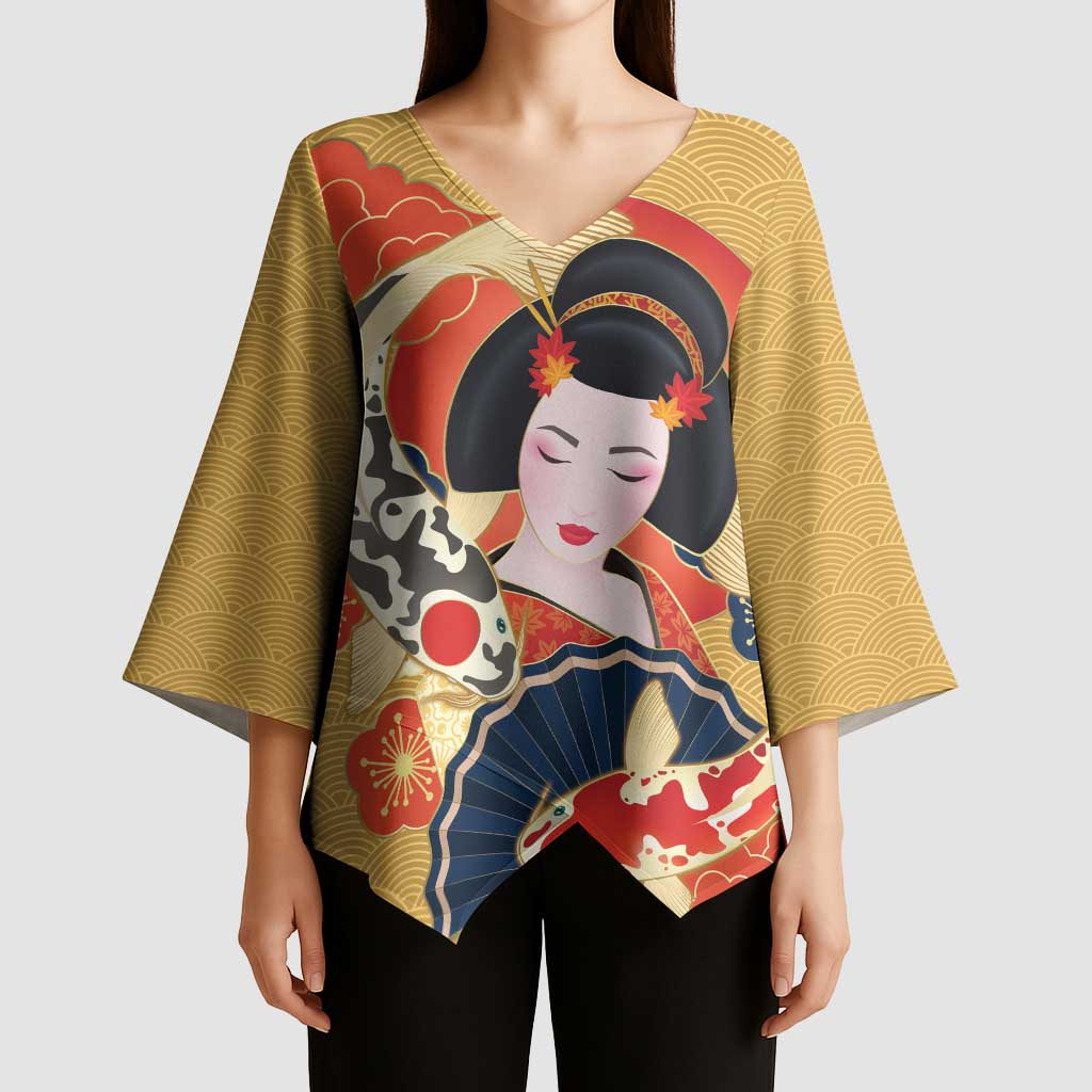 Japanese Geisha Koi Fish Kimono Sleeve Blouse Cherry Blossoms Yellow Seigaiha Pattern - Polynesian Pride