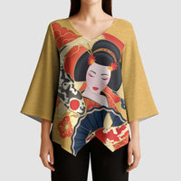 Japanese Geisha Koi Fish Kimono Sleeve Blouse Cherry Blossoms Yellow Seigaiha Pattern - Polynesian Pride