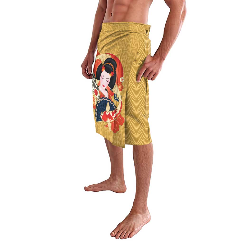 Japanese Geisha Koi Fish Lavalava Cherry Blossoms Yellow Seigaiha Pattern - Polynesian Pride