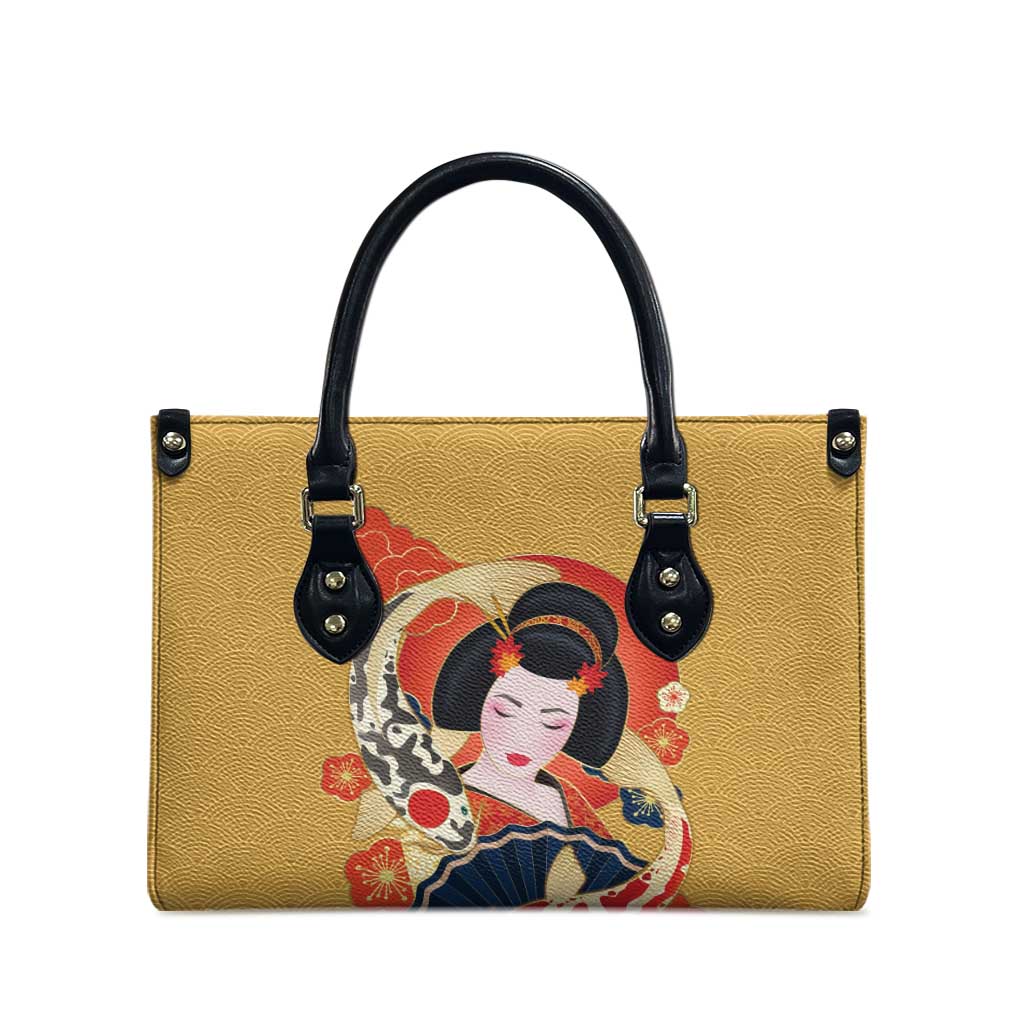 Japanese Geisha Koi Fish Leather Bag Cherry Blossoms Yellow Seigaiha Pattern - Polynesian Pride