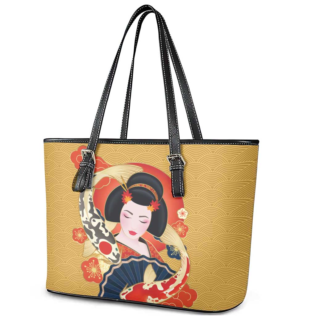 Japanese Geisha Koi Fish Leather Tote Bag Cherry Blossoms Yellow Seigaiha Pattern - Polynesian Pride