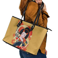 Japanese Geisha Koi Fish Leather Tote Bag Cherry Blossoms Yellow Seigaiha Pattern - Polynesian Pride