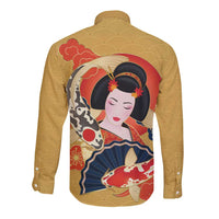 Japanese Geisha Koi Fish Long Sleeve Button Shirt Cherry Blossoms Yellow Seigaiha Pattern - Polynesian Pride