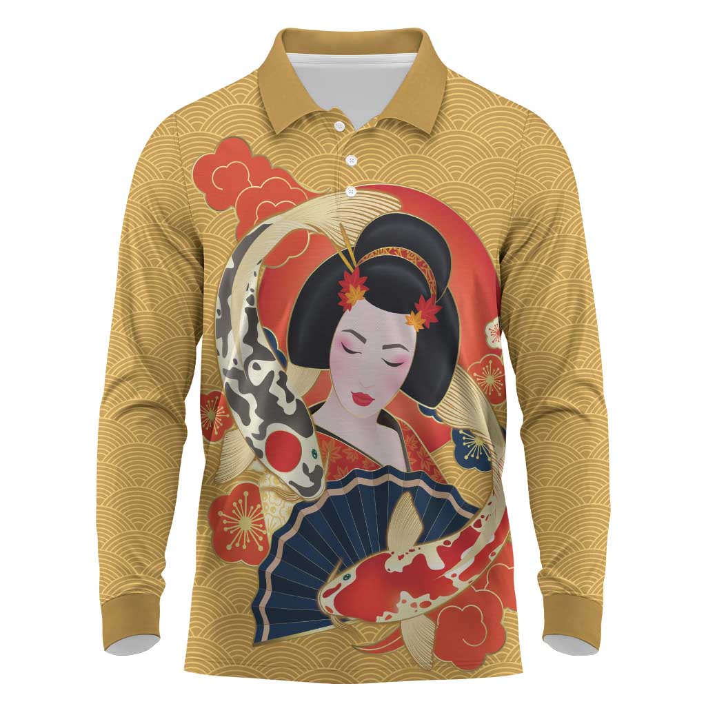 Japanese Geisha Koi Fish Long Sleeve Polo Shirt Cherry Blossoms Yellow Seigaiha Pattern - Polynesian Pride