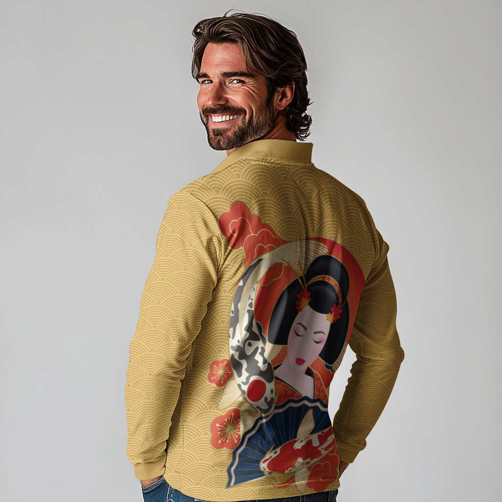 Japanese Geisha Koi Fish Long Sleeve Polo Shirt Cherry Blossoms Yellow Seigaiha Pattern - Polynesian Pride