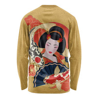 Japanese Geisha Koi Fish Long Sleeve Shirt Cherry Blossoms Yellow Seigaiha Pattern - Polynesian Pride