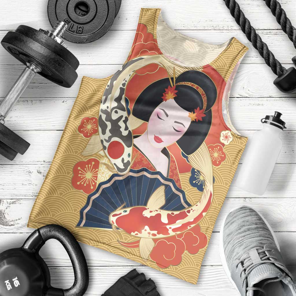 Japanese Geisha Koi Fish Men Tank Top Cherry Blossoms Yellow Seigaiha Pattern - Polynesian Pride