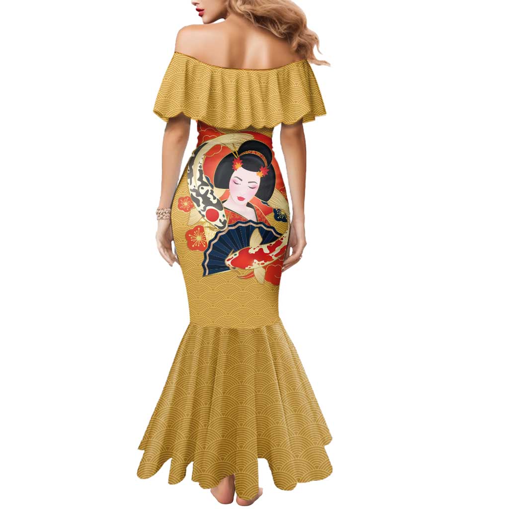 Japanese Geisha Koi Fish Mermaid Dress Cherry Blossoms Yellow Seigaiha Pattern - Polynesian Pride