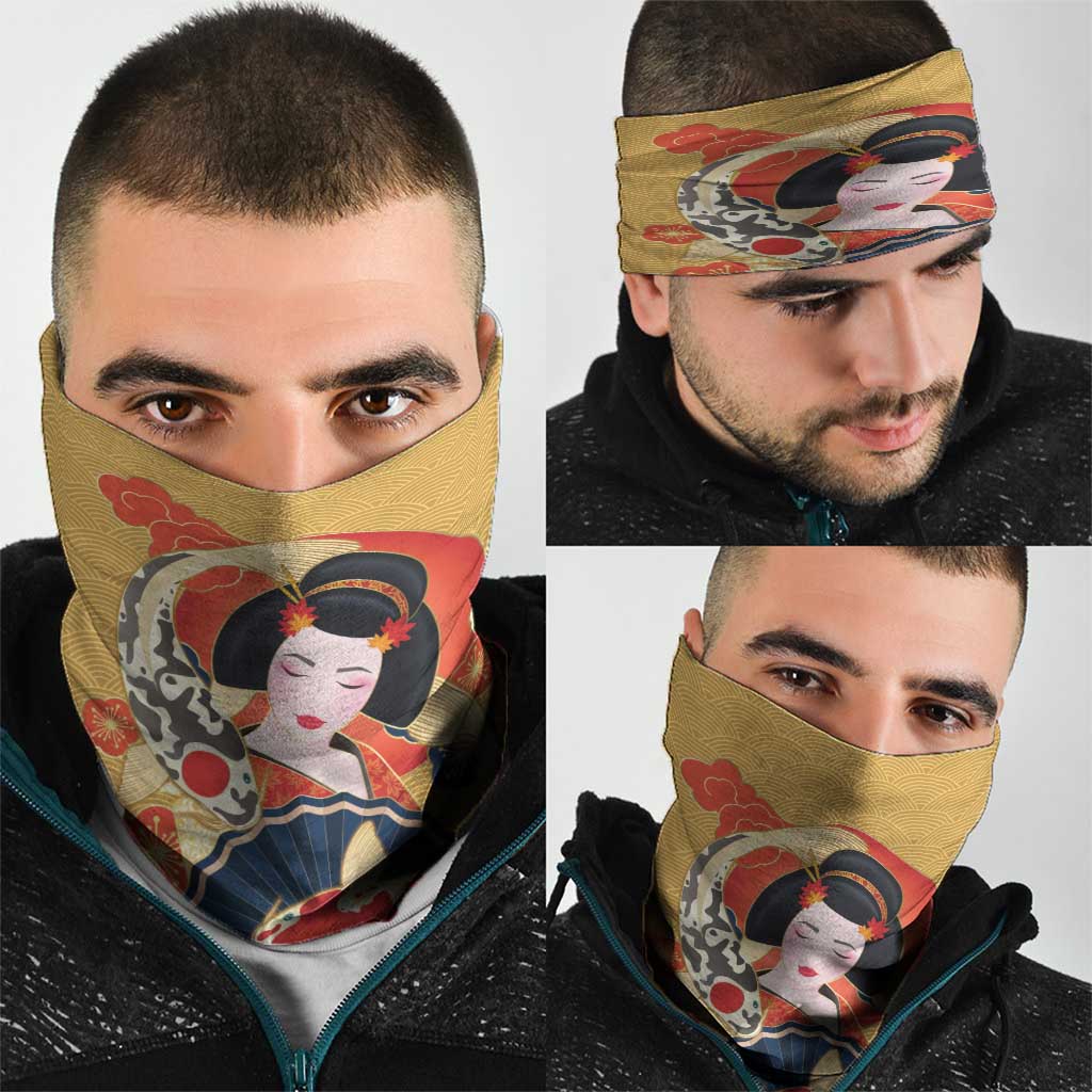 Japanese Geisha Koi Fish Neck Gaiter Cherry Blossoms Yellow Seigaiha Pattern - Polynesian Pride