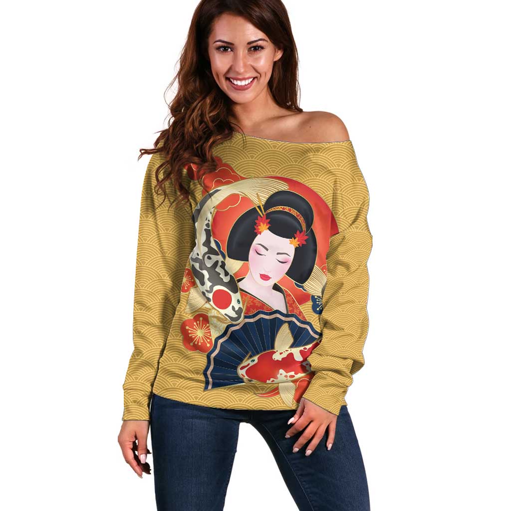 Japanese Geisha Koi Fish Off Shoulder Sweater Cherry Blossoms Yellow Seigaiha Pattern - Polynesian Pride