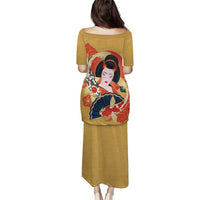 Japanese Geisha Koi Fish Puletasi Cherry Blossoms Yellow Seigaiha Pattern - Polynesian Pride