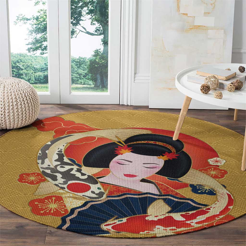 Japanese Geisha Koi Fish Round Carpet Cherry Blossoms Yellow Seigaiha Pattern - Polynesian Pride
