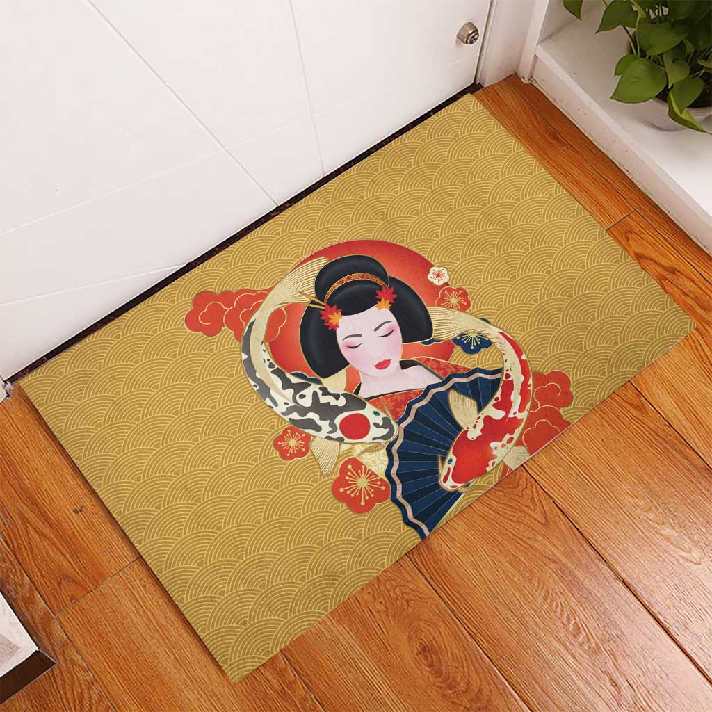 Japanese Geisha Koi Fish Rubber Doormat Cherry Blossoms Yellow Seigaiha Pattern - Polynesian Pride