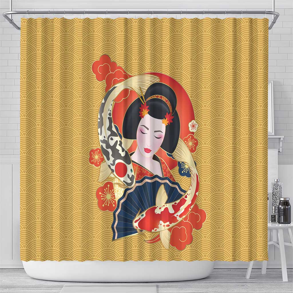 Japanese Geisha Koi Fish Shower Curtain Cherry Blossoms Yellow Seigaiha Pattern - Polynesian Pride