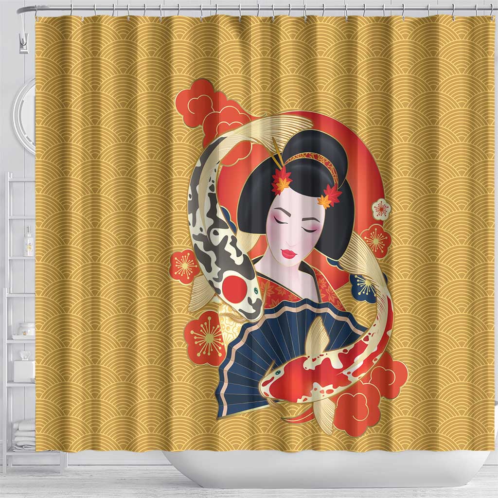 Japanese Geisha Koi Fish Shower Curtain Cherry Blossoms Yellow Seigaiha Pattern - Polynesian Pride