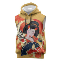 Japanese Geisha Koi Fish Sleeveless Hoodie Cherry Blossoms Yellow Seigaiha Pattern - Polynesian Pride