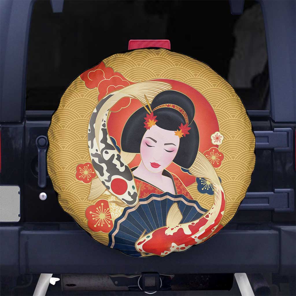 Japanese Geisha Koi Fish Spare Tire Cover Cherry Blossoms Yellow Seigaiha Pattern - Polynesian Pride