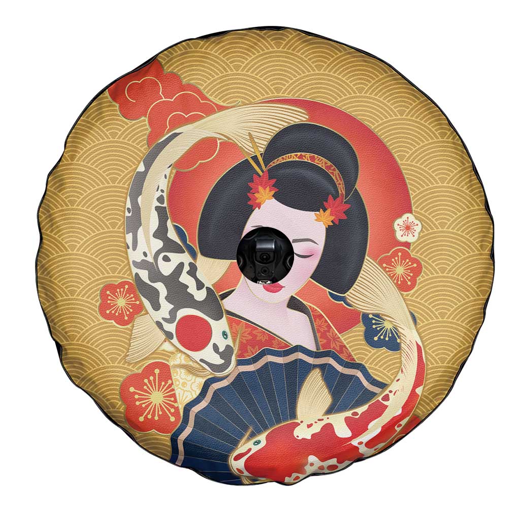 Japanese Geisha Koi Fish Spare Tire Cover Cherry Blossoms Yellow Seigaiha Pattern - Polynesian Pride