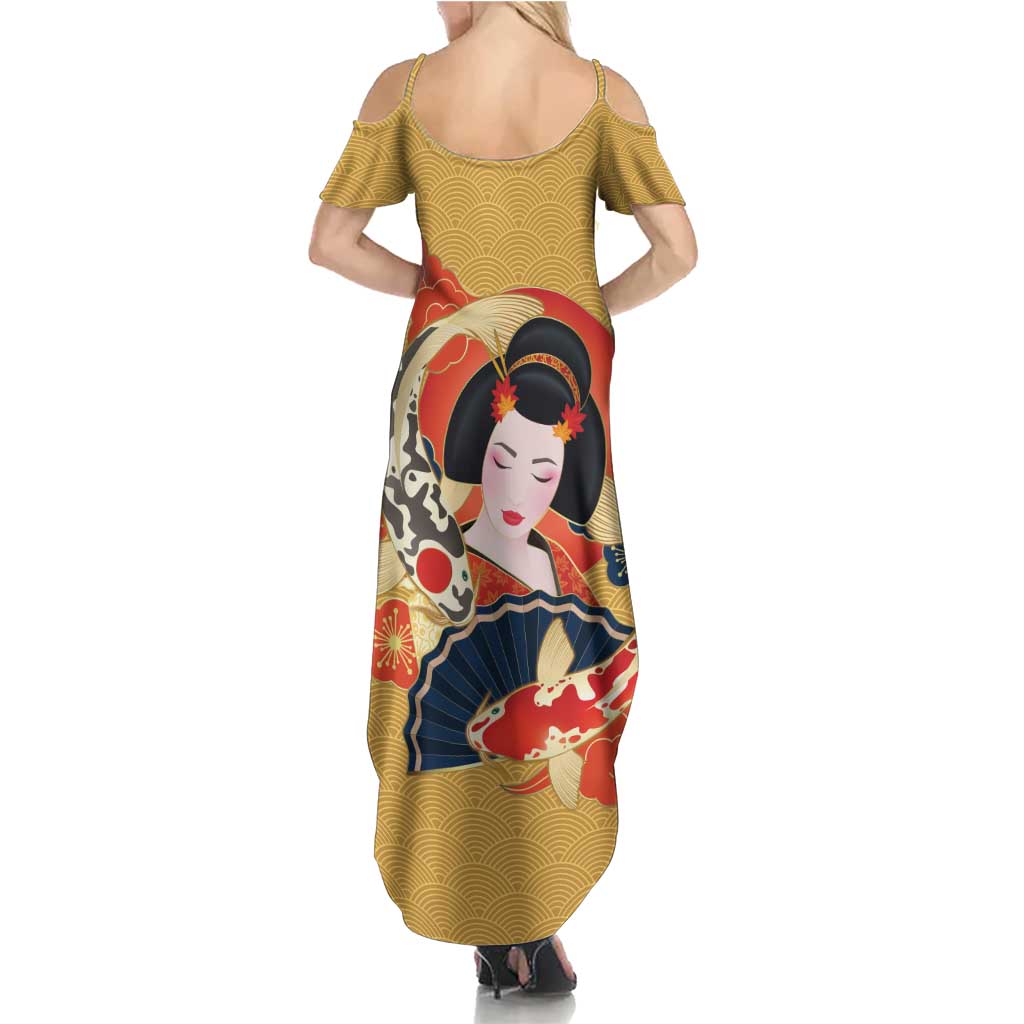 Japanese Geisha Koi Fish Summer Maxi Dress Cherry Blossoms Yellow Seigaiha Pattern - Polynesian Pride