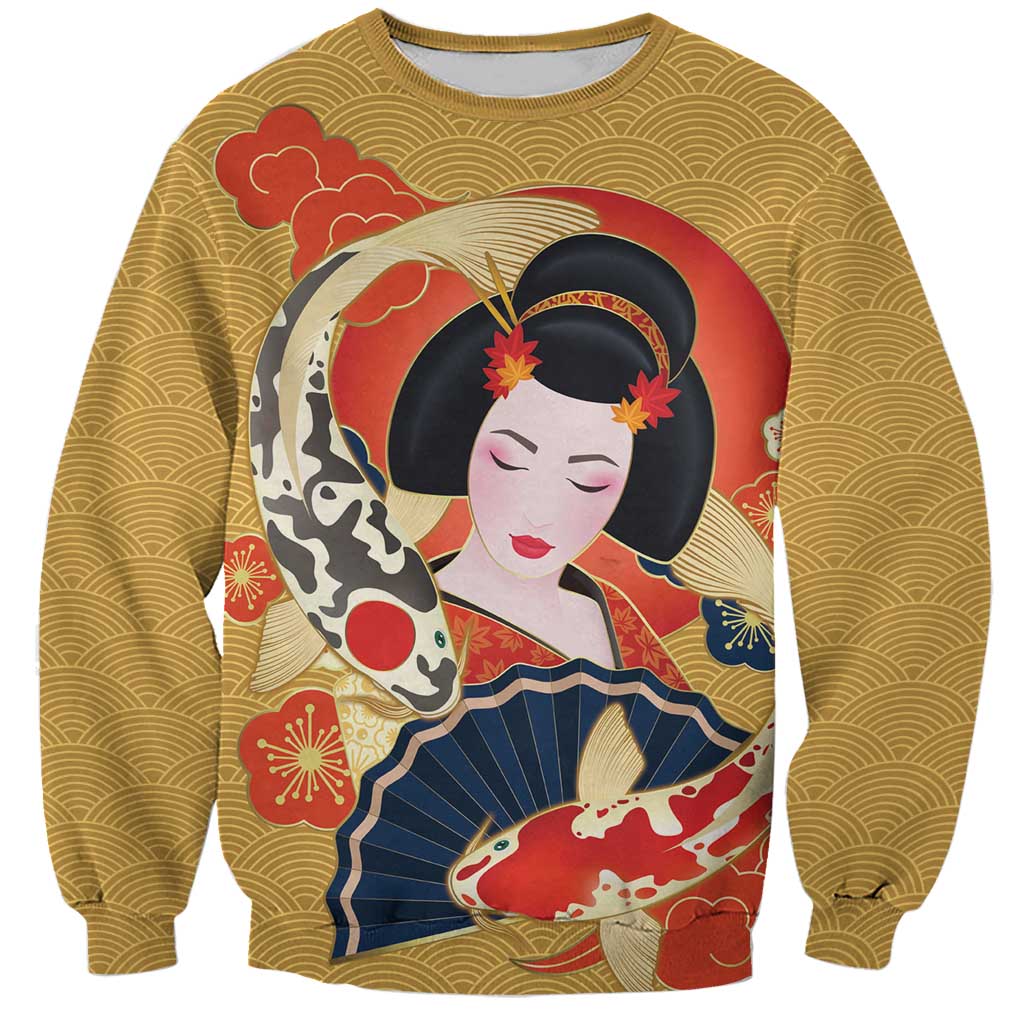 Japanese Geisha Koi Fish Sweatshirt Cherry Blossoms Yellow Seigaiha Pattern - Polynesian Pride