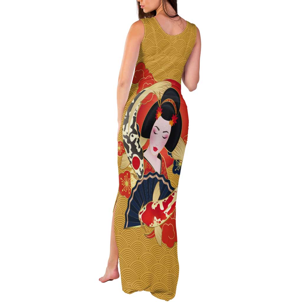Japanese Geisha Koi Fish Tank Maxi Dress Cherry Blossoms Yellow Seigaiha Pattern - Polynesian Pride