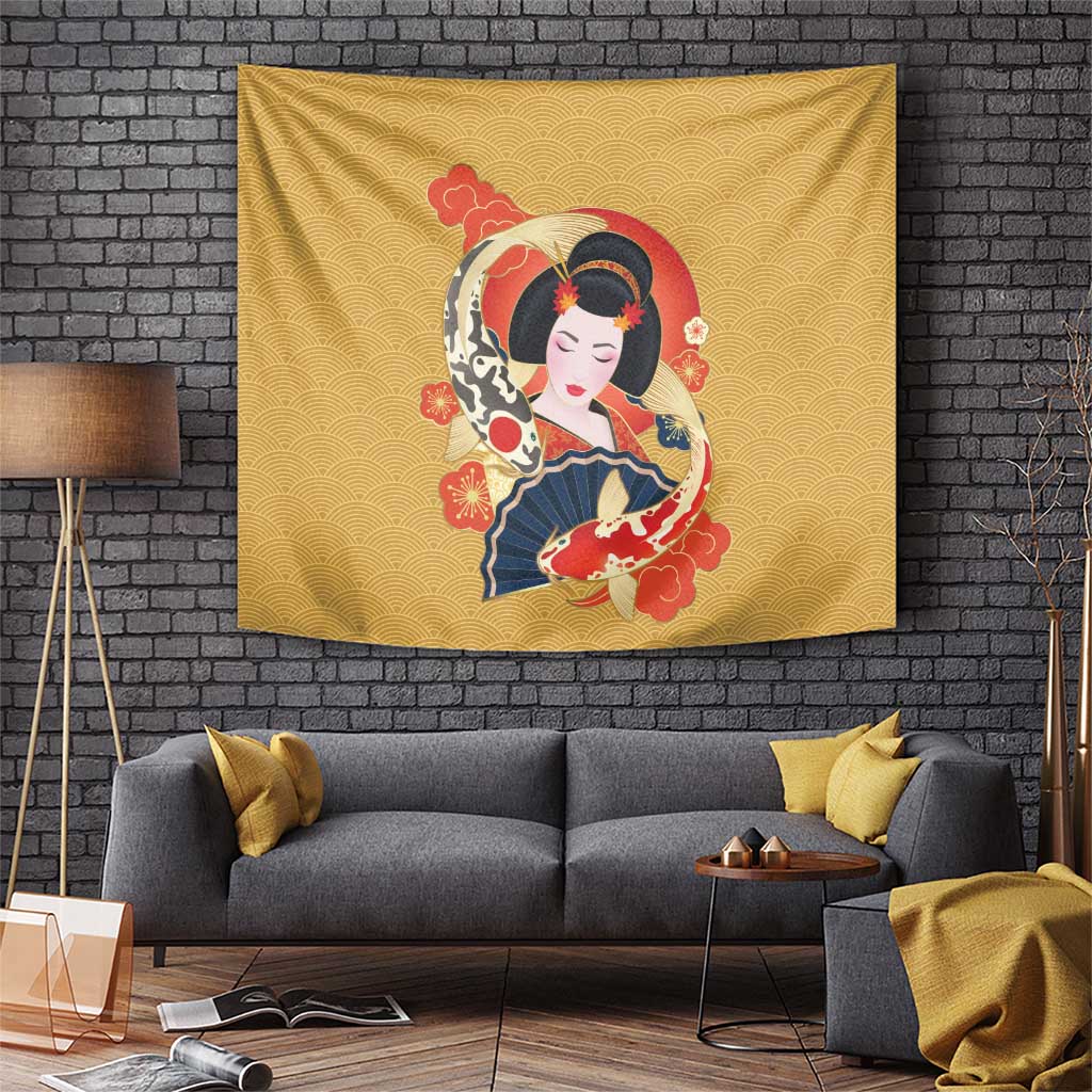 Japanese Geisha Koi Fish Tapestry Cherry Blossoms Yellow Seigaiha Pattern - Polynesian Pride