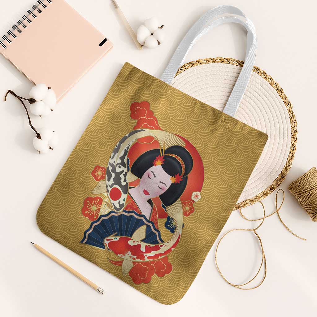 Japanese Geisha Koi Fish Tote Bag Cherry Blossoms Yellow Seigaiha Pattern - Polynesian Pride
