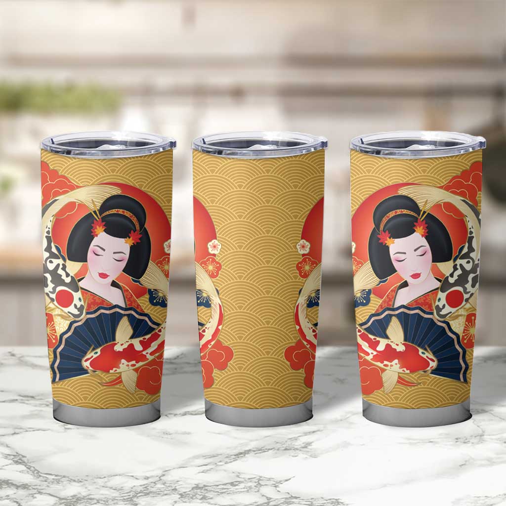 Japanese Geisha Koi Fish Tumbler Cup Cherry Blossoms Yellow Seigaiha Pattern - Polynesian Pride