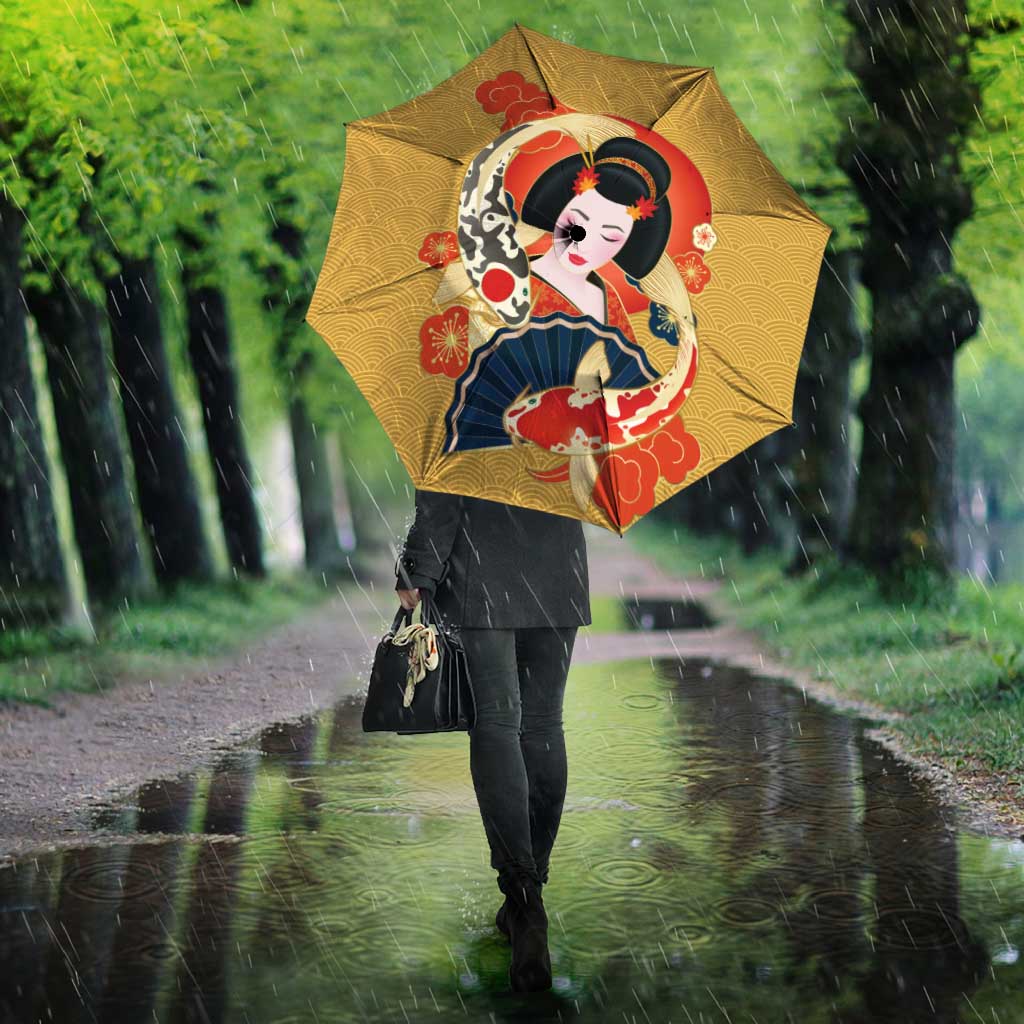 Japanese Geisha Koi Fish Umbrella Cherry Blossoms Yellow Seigaiha Pattern - Polynesian Pride