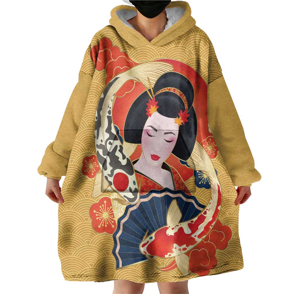 Japanese Geisha Koi Fish Wearable Blanket Hoodie Cherry Blossoms Yellow Seigaiha Pattern - Polynesian Pride