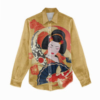 Japanese Geisha Koi Fish Women Casual Shirt Cherry Blossoms Yellow Seigaiha Pattern - Polynesian Pride