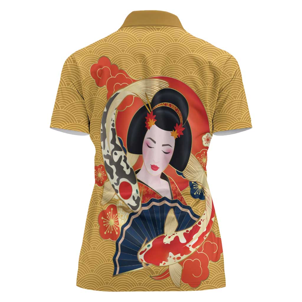 Japanese Geisha Koi Fish Women Polo Shirt Cherry Blossoms Yellow Seigaiha Pattern - Polynesian Pride