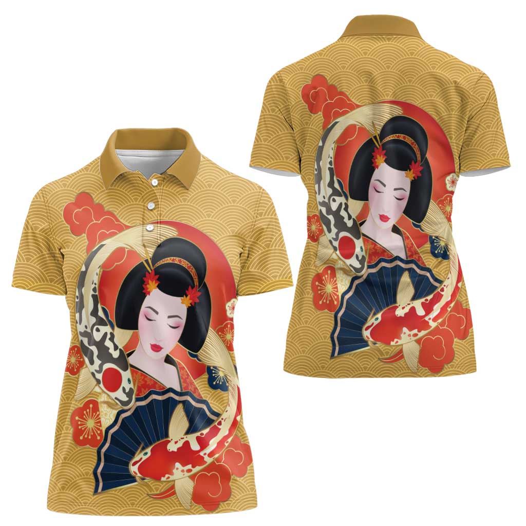 Japanese Geisha Koi Fish Women Polo Shirt Cherry Blossoms Yellow Seigaiha Pattern - Polynesian Pride