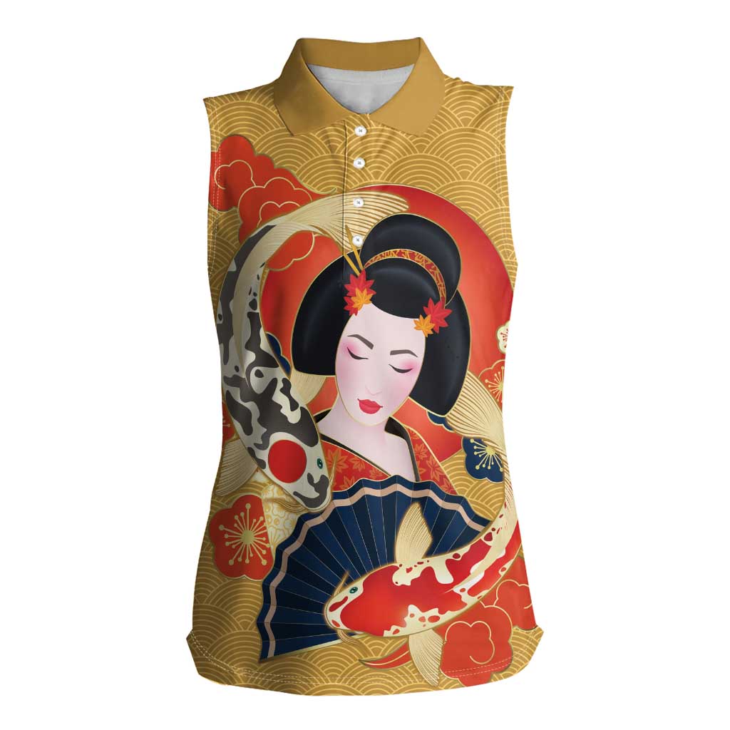 Japanese Geisha Koi Fish Women Sleeveless Polo Shirt Cherry Blossoms Yellow Seigaiha Pattern - Polynesian Pride