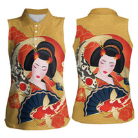 Japanese Geisha Koi Fish Women Sleeveless Polo Shirt Cherry Blossoms Yellow Seigaiha Pattern - Polynesian Pride