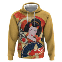 Japanese Geisha Koi Fish Zip Hoodie Cherry Blossoms Yellow Seigaiha Pattern - Polynesian Pride