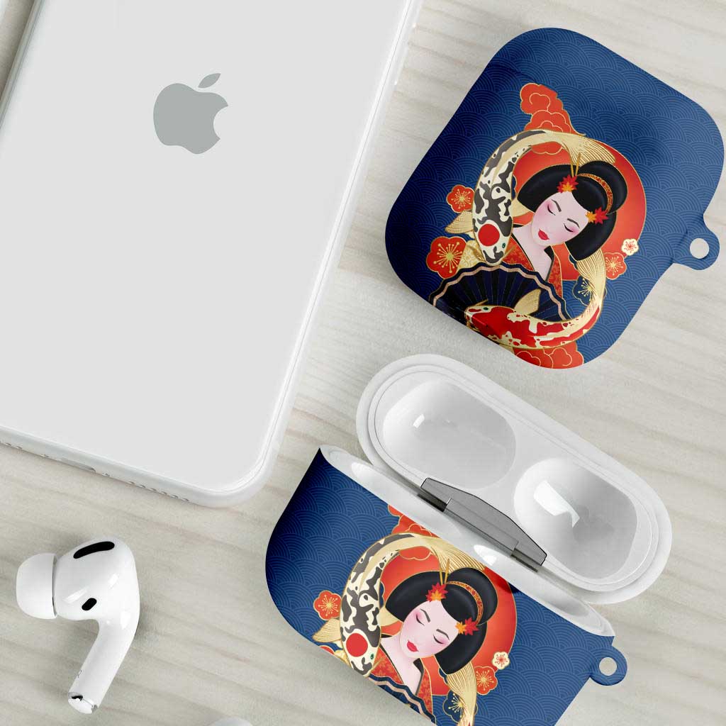 Japanese Geisha Koi Fish AirPods Case Cherry Blossoms Blue Seigaiha Pattern - Polynesian Pride