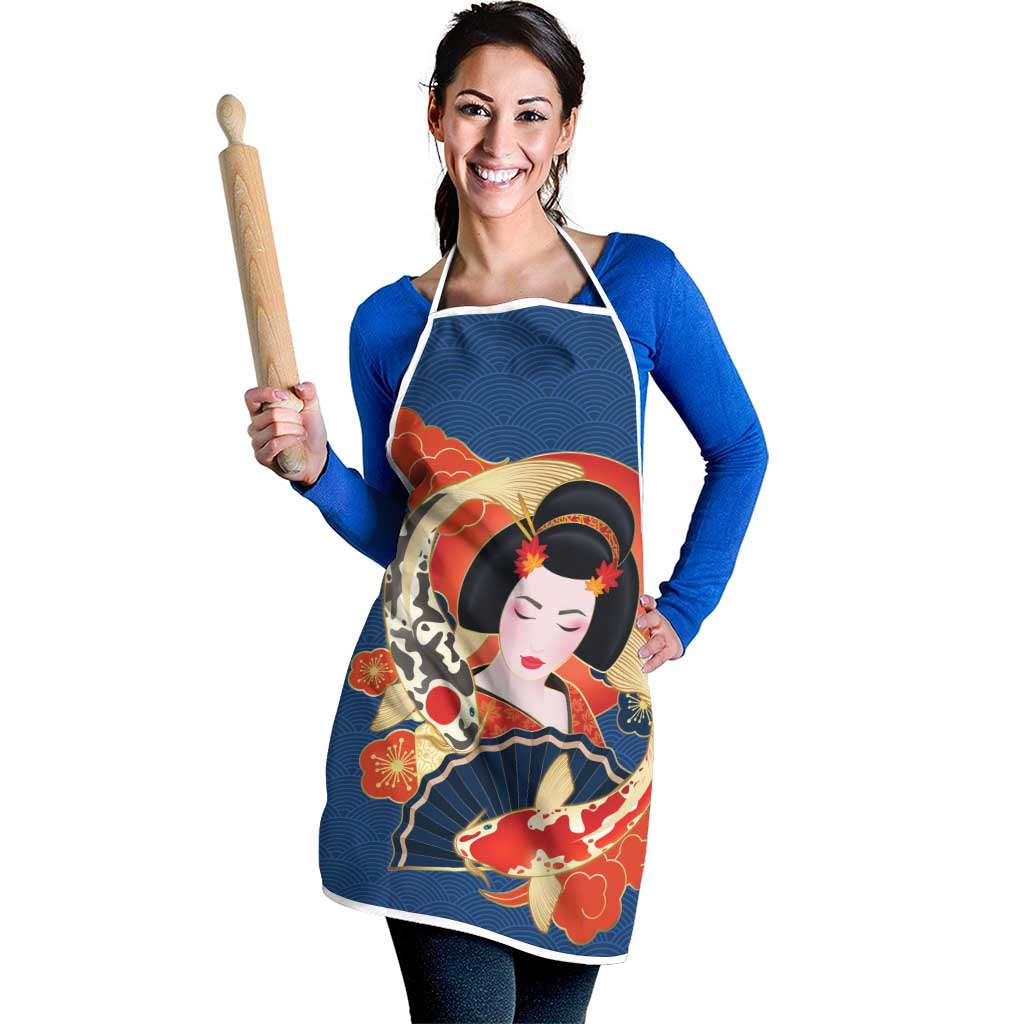Japanese Geisha Koi Fish Apron Cherry Blossoms Blue Seigaiha Pattern - Polynesian Pride