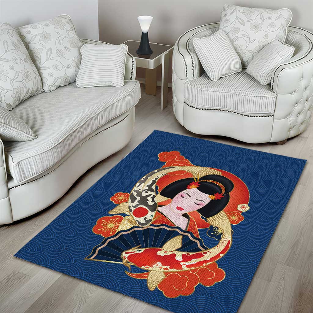 Japanese Geisha Koi Fish Area Rug Cherry Blossoms Blue Seigaiha Pattern - Polynesian Pride