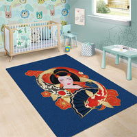 Japanese Geisha Koi Fish Area Rug Cherry Blossoms Blue Seigaiha Pattern - Polynesian Pride