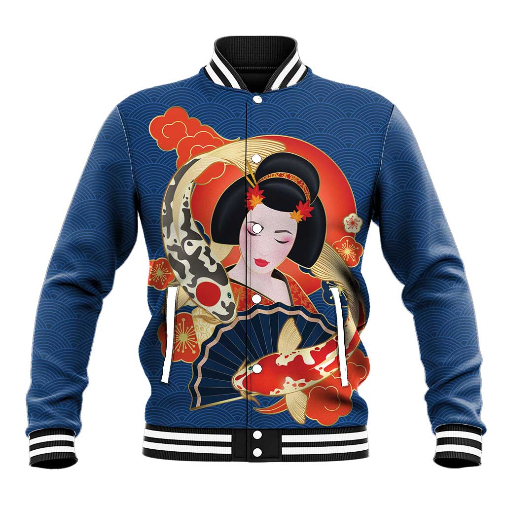 Japanese Geisha Koi Fish Baseball Jacket Cherry Blossoms Blue Seigaiha Pattern - Polynesian Pride