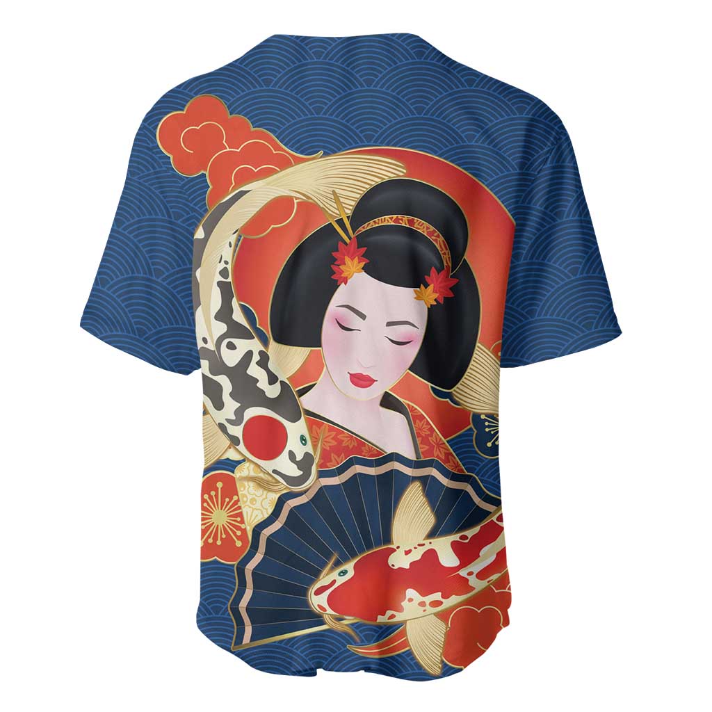 Japanese Geisha Koi Fish Baseball Jersey Cherry Blossoms Blue Seigaiha Pattern - Polynesian Pride