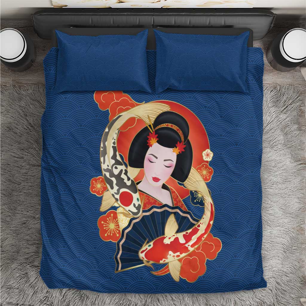 Japanese Geisha Koi Fish Bedding Set Cherry Blossoms Blue Seigaiha Pattern - Polynesian Pride