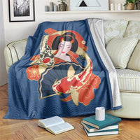 Japanese Geisha Koi Fish Blanket Cherry Blossoms Blue Seigaiha Pattern - Polynesian Pride