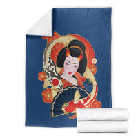 Japanese Geisha Koi Fish Blanket Cherry Blossoms Blue Seigaiha Pattern - Polynesian Pride