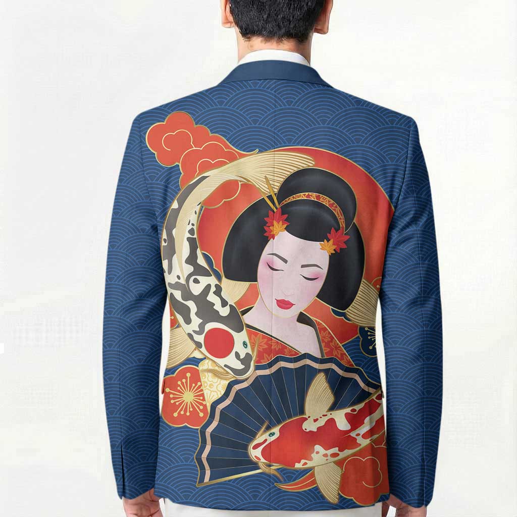 Japanese Geisha Koi Fish Blazer Cherry Blossoms Blue Seigaiha Pattern - Polynesian Pride